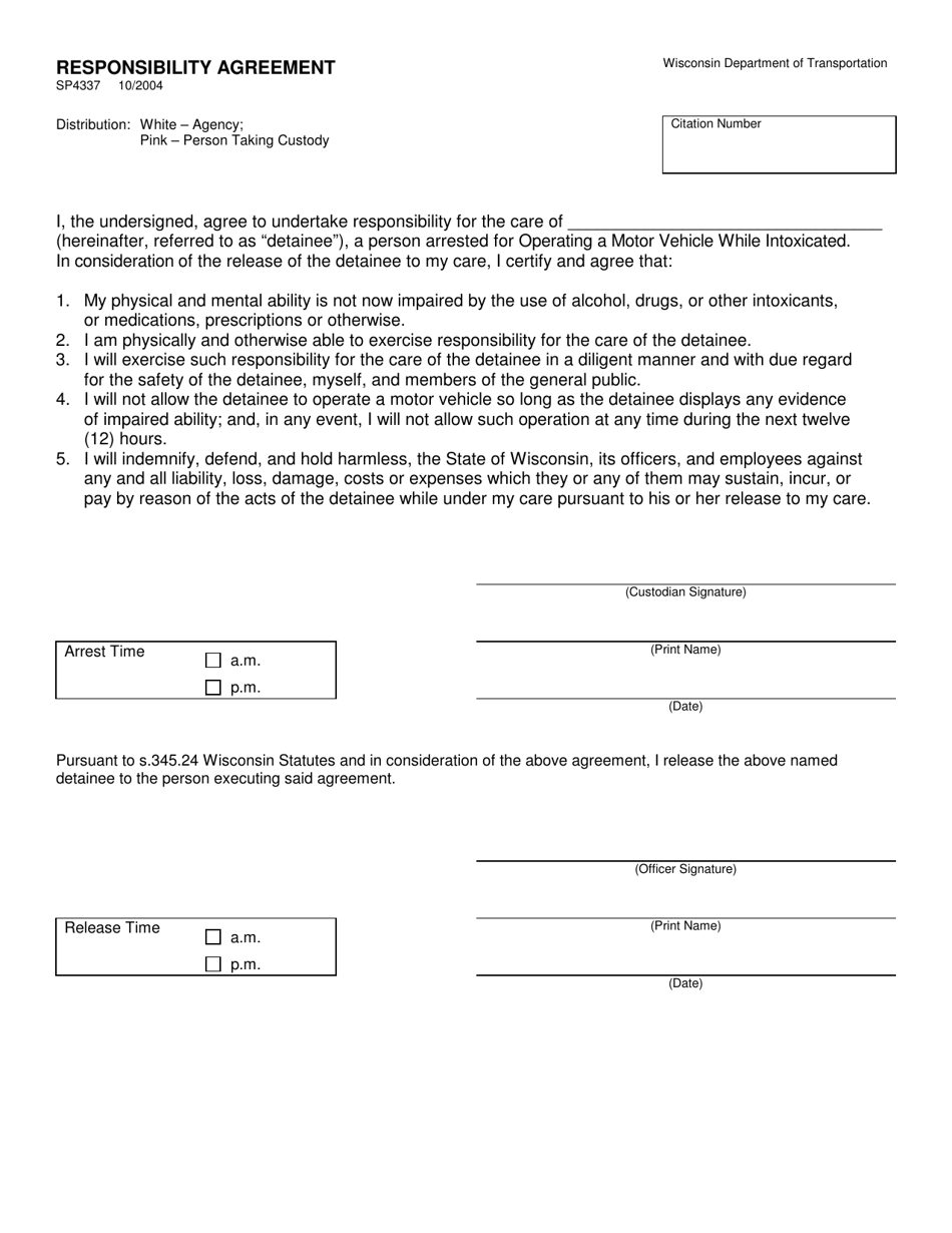 Form SP4337 Responsibility Agreement - Wisconsin, Page 1