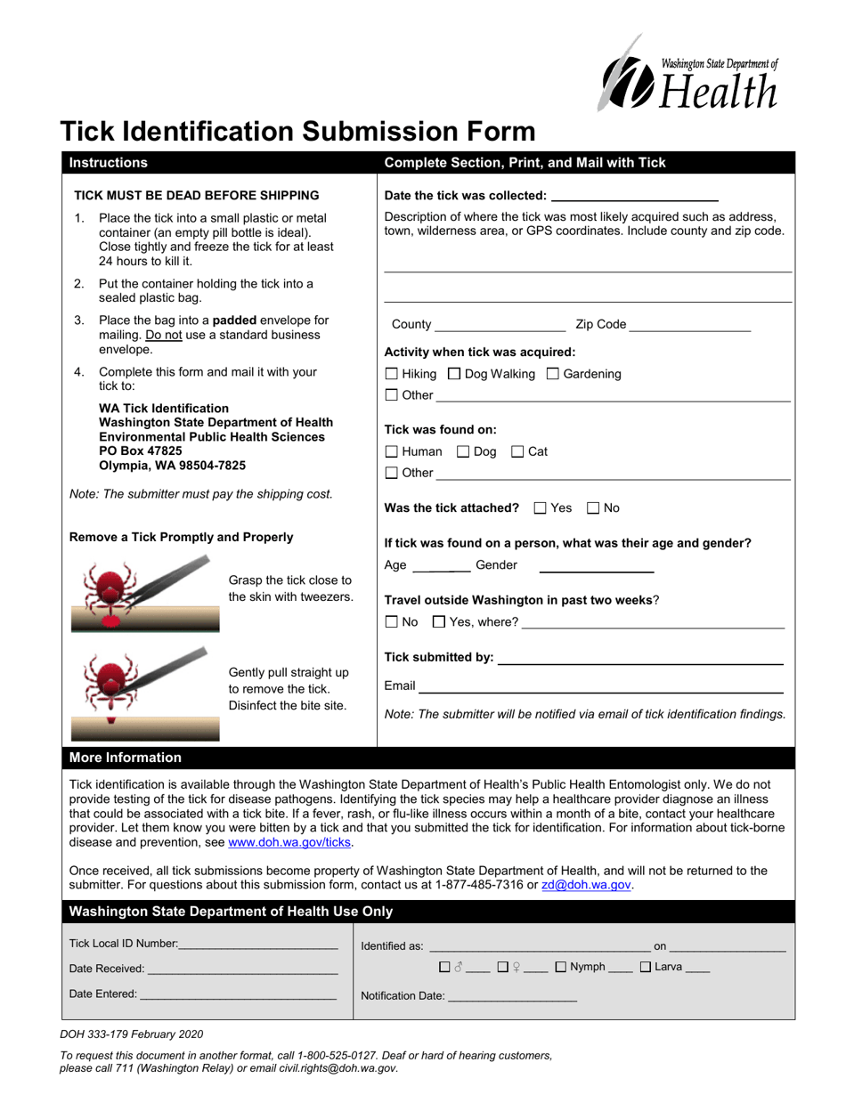 DOH Form 333-179 Tick Identification Submission Form - Washington, Page 1
