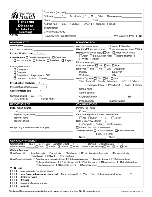 DOH Form 420-214 Tickborne Diseases Reporting Form (Excludes Lyme, Relapsing) - Washington