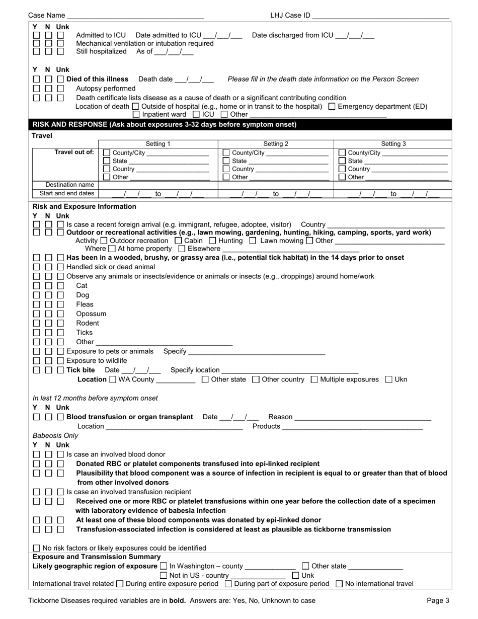DOH Form 420-214 Tickborne Diseases Reporting Form (Excludes Lyme, Relapsing) - Washington, Page 3