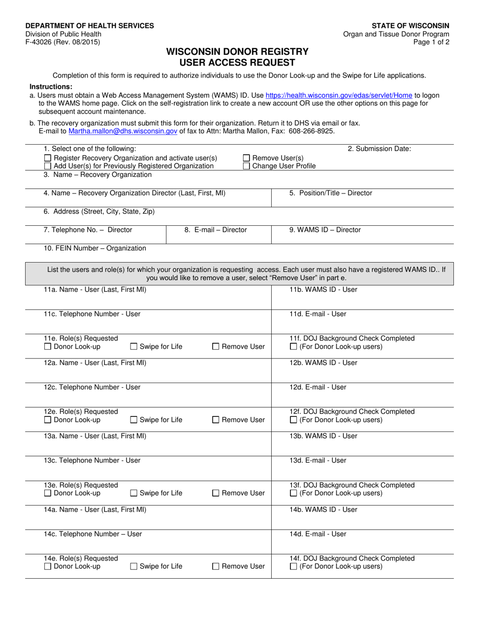 Form F-43026 Wisconsin Donor Registry User Access Request - Wisconsin, Page 1