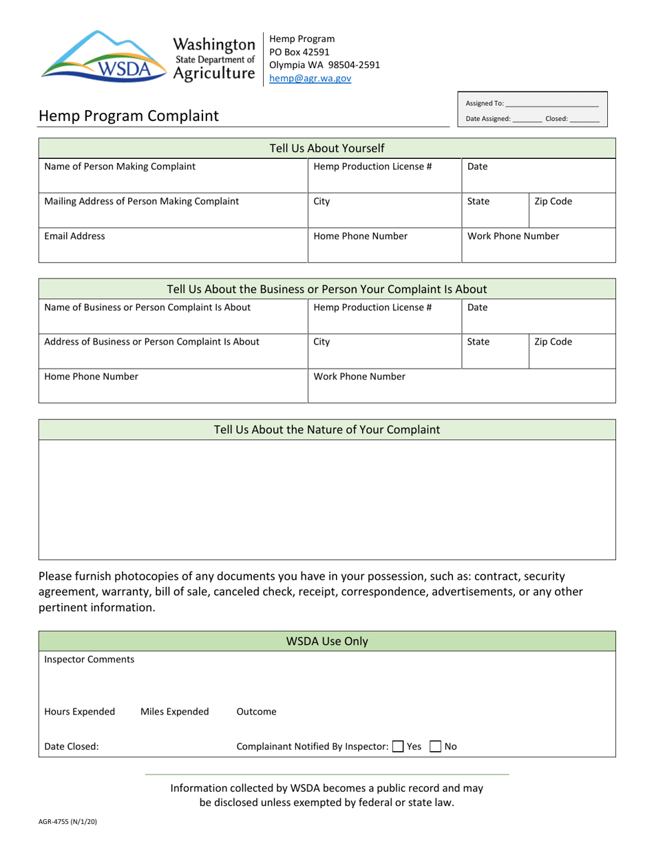 Form AGR-4755 Hemp Program Complaint - Washington, Page 1