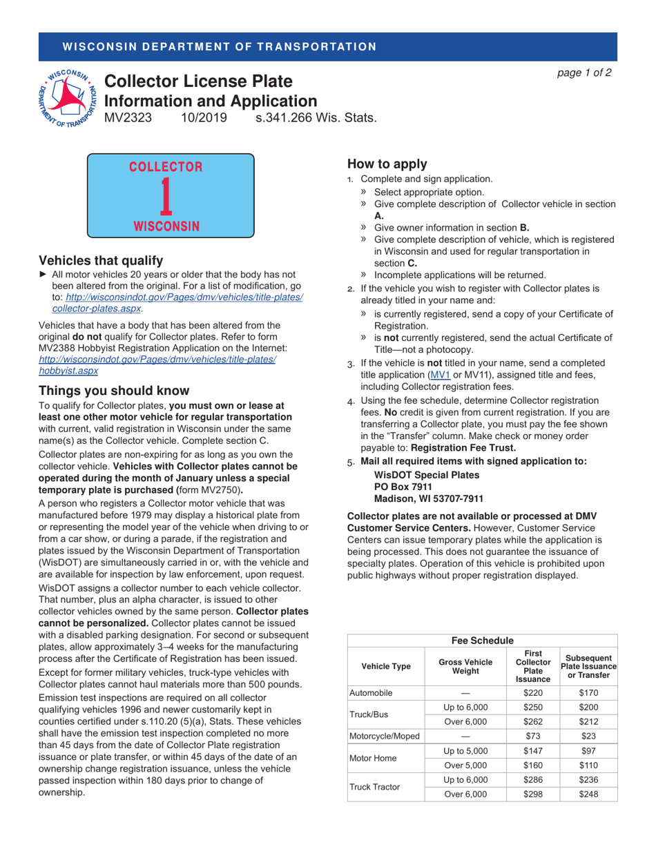 Form MV2323 Collector License Plate Application - Wisconsin, Page 1