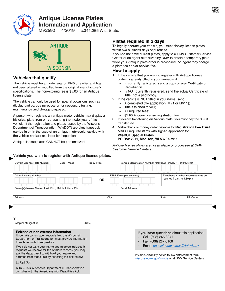 Form MV2593 Antique License Plates Information and Application - Wisconsin, Page 1
