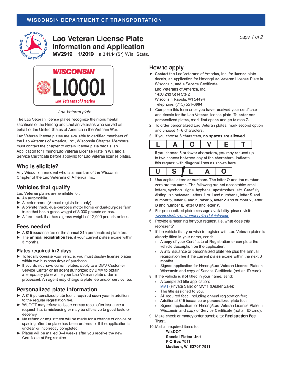 Form MV2919 Lao Veteran License Plate Information and Application - Wisconsin, Page 1