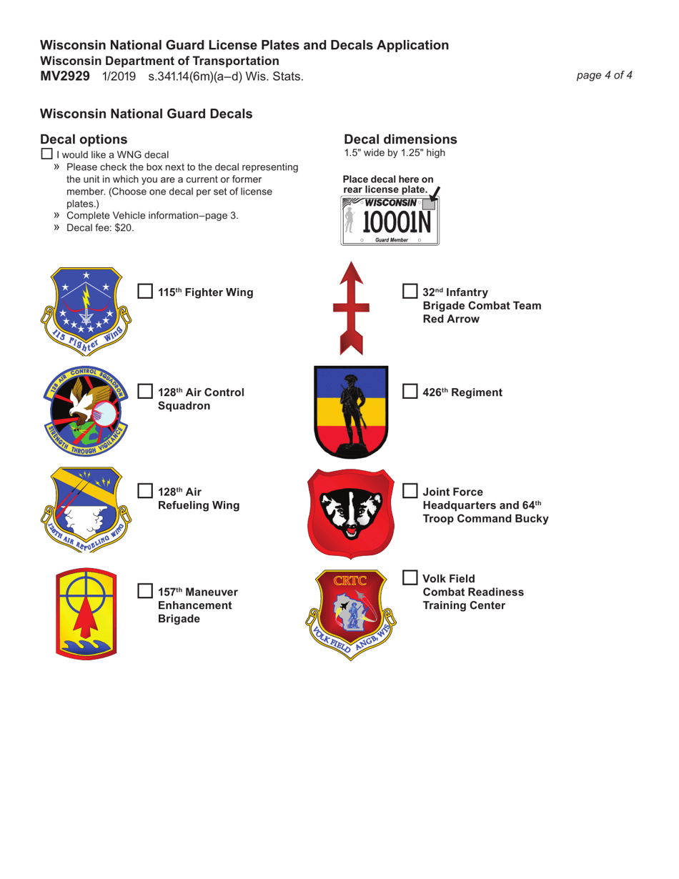 Form MV2929 Wisconsin National Guard License Plates and Decals Application - Wisconsin, Page 4