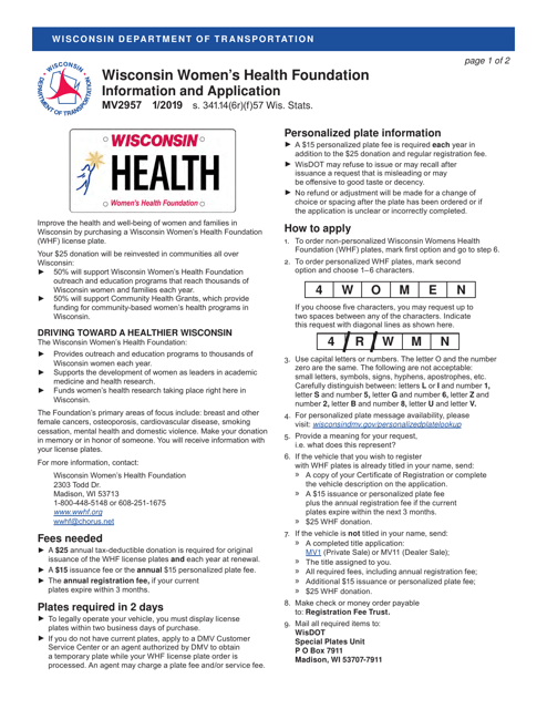 Form MV2957 Wisconsin Women's Health Foundation License Plate Application - Wisconsin