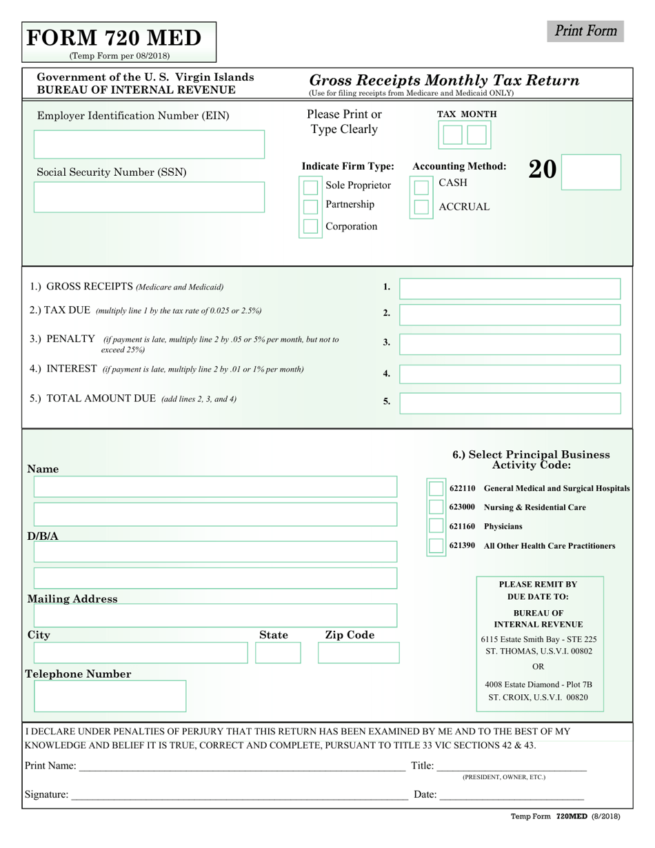 Form 720 MED Gross Receipts Monthly Tax Return - Virgin Islands, Page 1