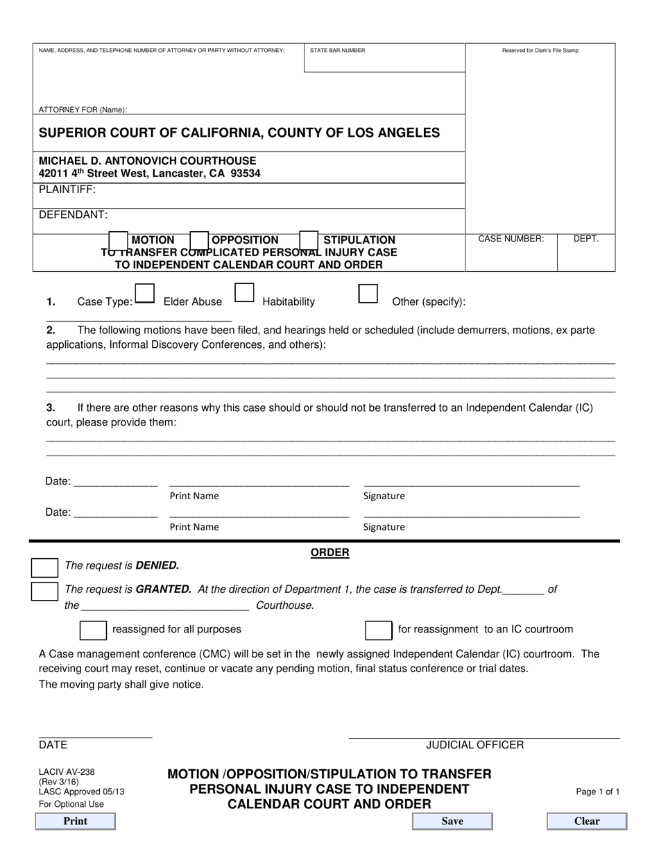 Form LACIV AV-238 Motion / Opposition / Stipulation to Transfer Complicated Personal Injury Case to Independent Calendar Court and Order - Antelope Valley - County of Los Angeles, California, Page 1