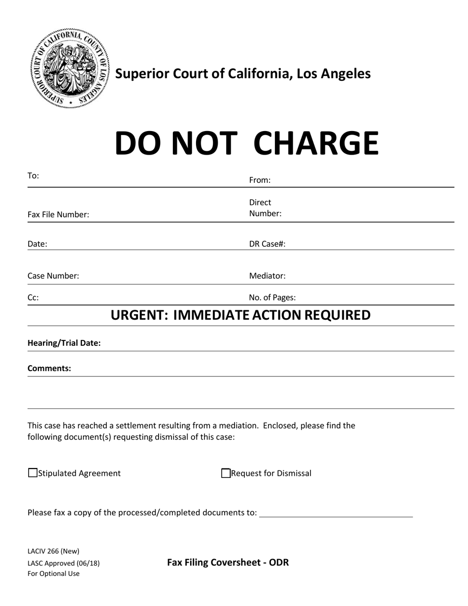 Form LACIV266 Fax Filing Coversheet - Odr - County of Los Angeles, California, Page 1