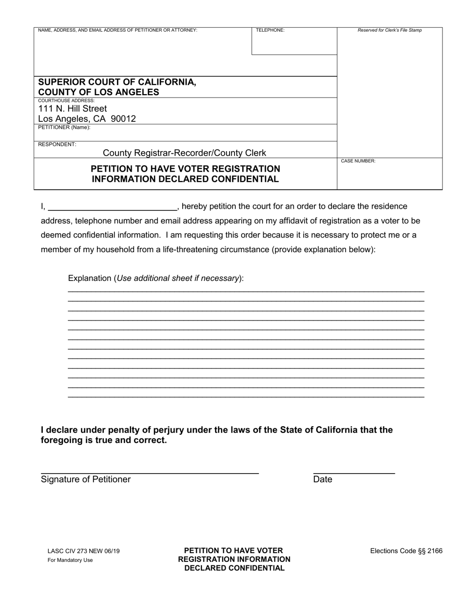 Form LASC LACIV273 Petition to Have Voter Registration Information Declared Confidential - County of Los Angeles, California, Page 1