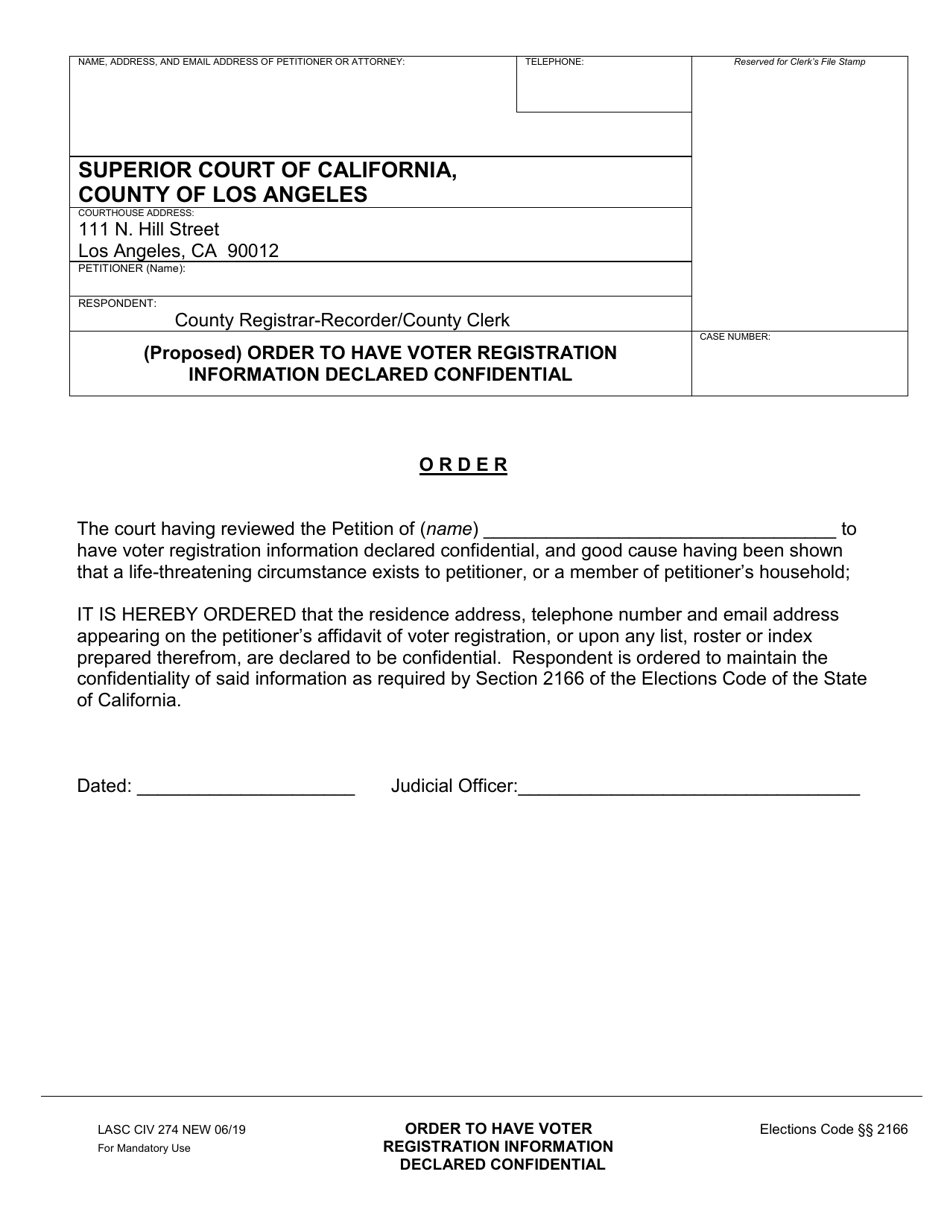 Form LASC LACIV274 (Proposed) Order to Have Voter Registration Information Declared Confidential - County of Los Angeles, California, Page 1