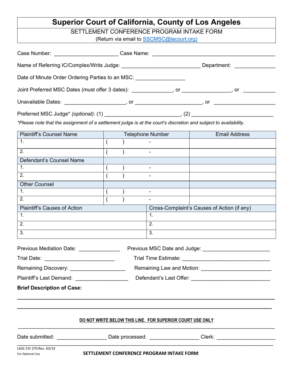 Form LASC CIV270 Settlement Conference Program Intake Form - County of Los Angeles, California, Page 1