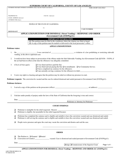 Form CRIM285 Application/Petition for Dismissal (Street Vending) - Response and Order - County of Los Angeles, California