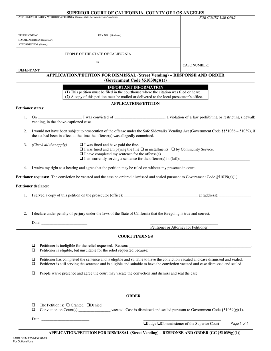 Form CRIM285 Application / Petition for Dismissal (Street Vending) - Response and Order - County of Los Angeles, California, Page 1