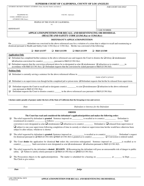 Form CRIM258 Application/Petition for Recall and Resentencing or Dismissal - County of Los Angeles, California