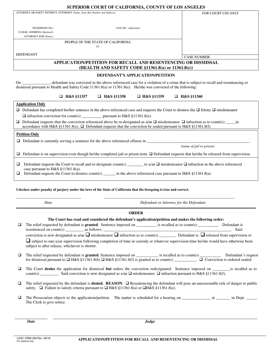 Form CRIM258 Application / Petition for Recall and Resentencing or Dismissal - County of Los Angeles, California, Page 1