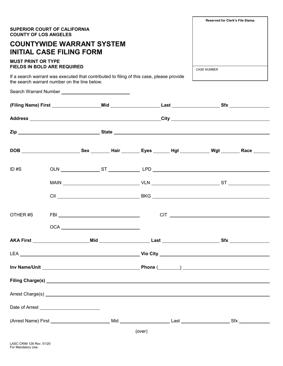 Form LASC CRIM126 Countywide Warrant System Initial Case Filing Form - County of Los Angeles, California, Page 1