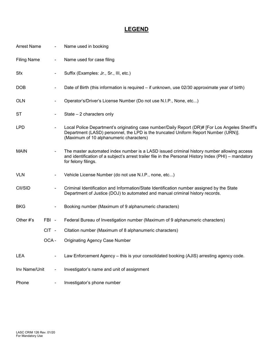 Form LASC CRIM126 Countywide Warrant System Initial Case Filing Form - County of Los Angeles, California, Page 2