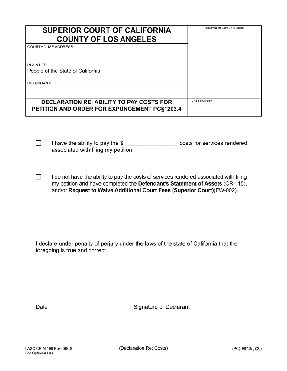 Form LASC CRIM196 Declaration Re: Ability to Pay Costs for Petition and Order for Expungement Pc 1203.4 - County of Los Angeles, California, Page 1