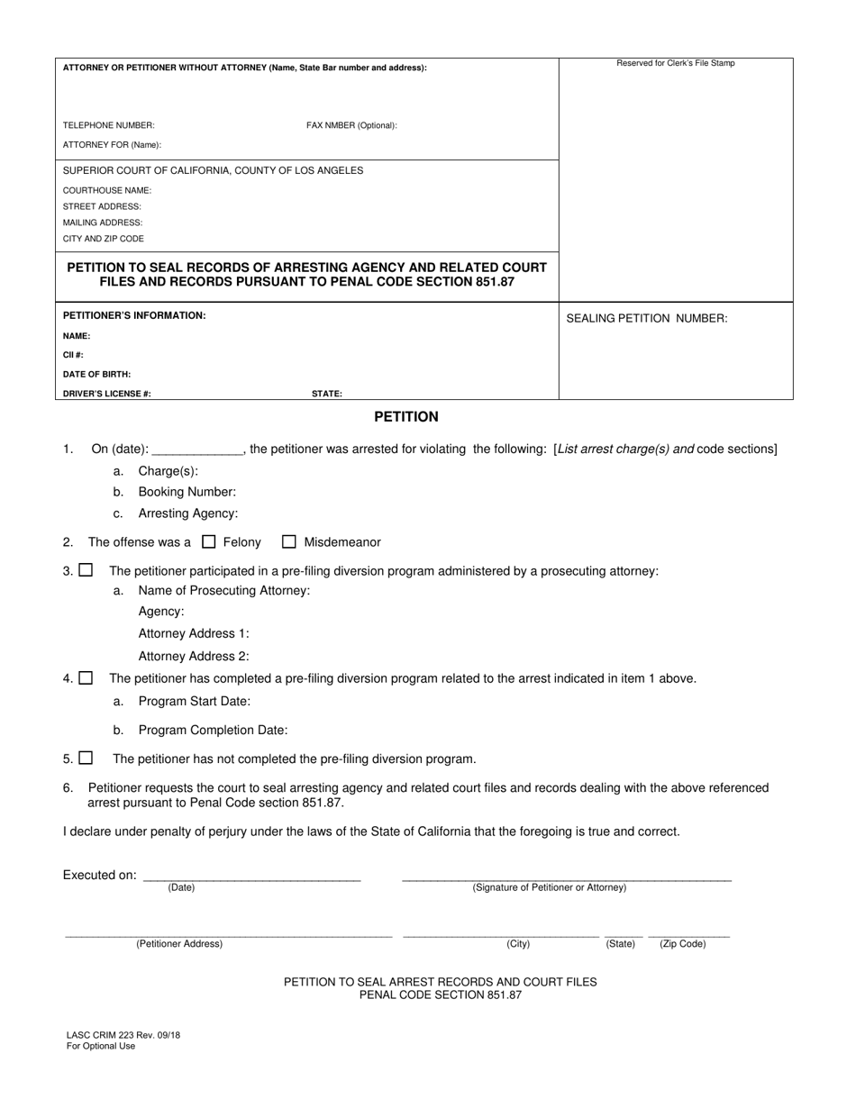 Form LASC CRIM223 Petition to Seal Records of Arresting Agency and Related Court Files and Records Pursuant to Penal Code Section 851.87 - County of Los Angeles, California, Page 1