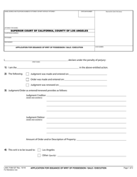 Form LASC FAM027 Application for Issuance of Writ of Possession/Sale/Execution - County of Los Angeles, California