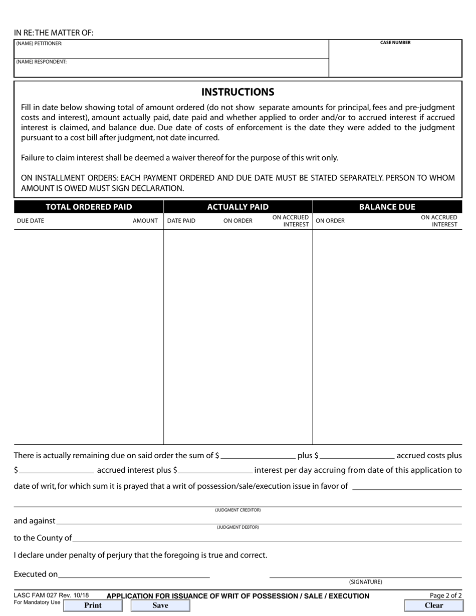 Form LASC FAM027 Application for Issuance of Writ of Possession / Sale / Execution - County of Los Angeles, California, Page 2