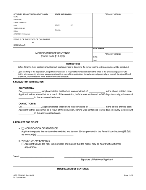 Form LASC CRIM263  Printable Pdf