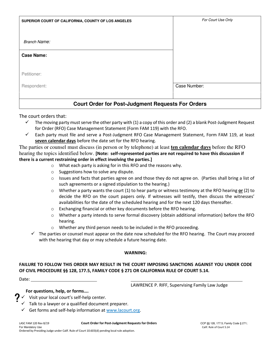 Form LASC FAM120 Court Order for Post-judgment Requests for Orders - County of Los Angeles, California, Page 1