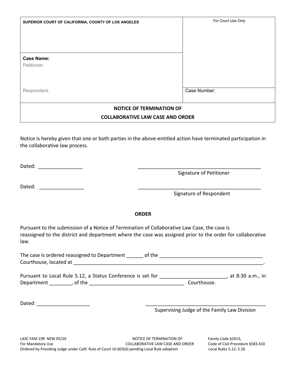 Form LASC FAM199 Notice of Termination of Collaborative Law Case and Order - County of Los Angeles, California, Page 1