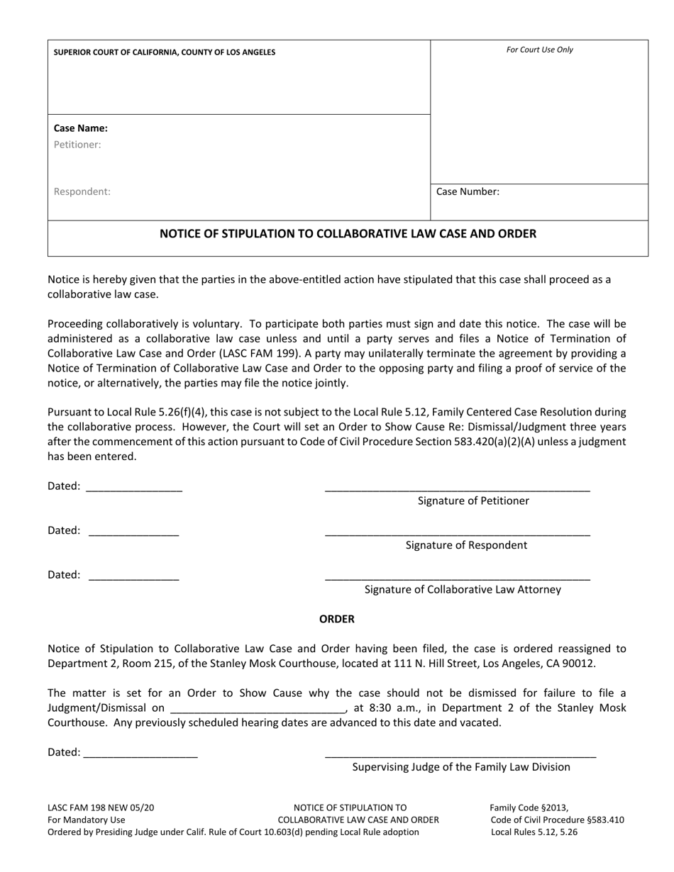 Form LASC FAM198 Notice of Stipulation to Collaborative Law Case and Order - County of Los Angeles, California, Page 1