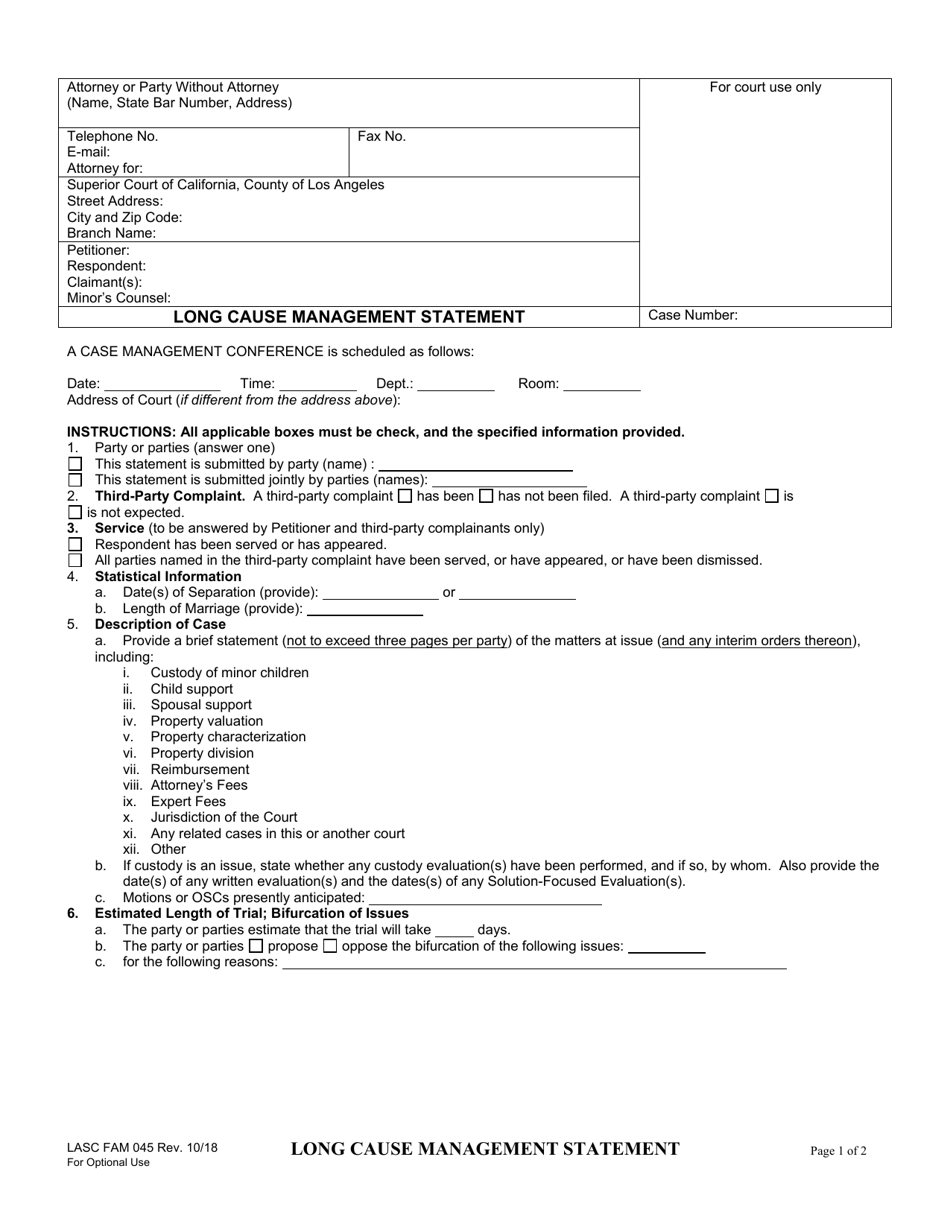 Form LASC FAM045 Long Cause Management Statement - County of Los Angeles, California, Page 1