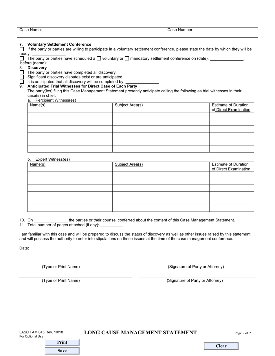 Form LASC FAM045 Long Cause Management Statement - County of Los Angeles, California, Page 2