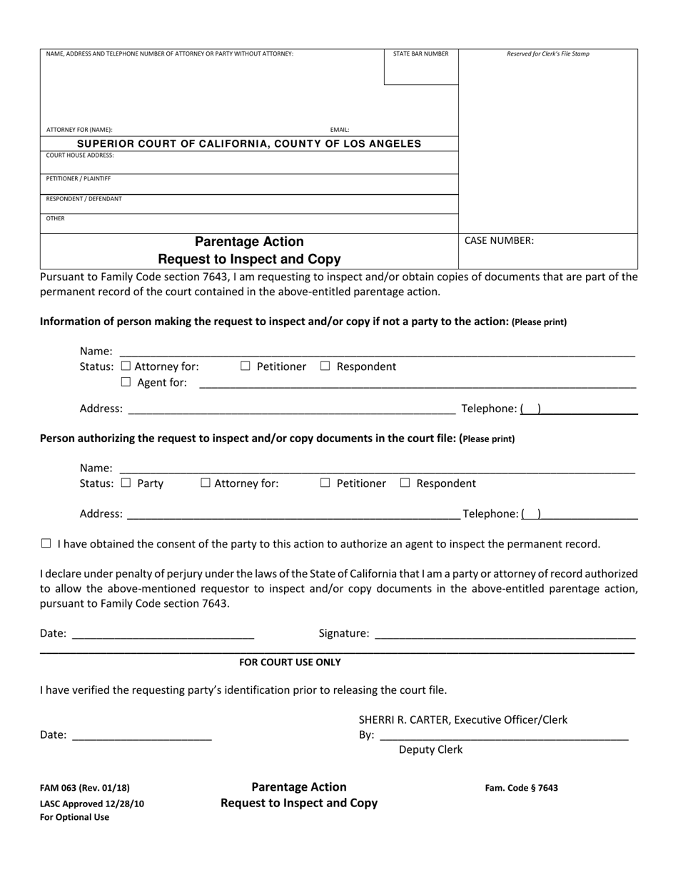 Form FAM063 Parentage Action Request to Inspect and Copy - County of Los Angeles, California, Page 1