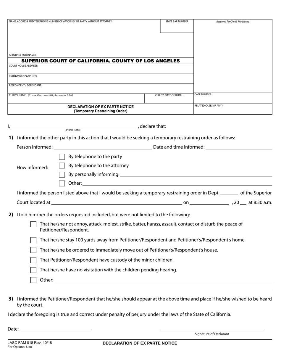Form LASC FAM018 Declaration of Ex-parte Notice (Temporary Restraining Order) or Declaration Re: Notice of Ex-parte Request (No Notice Given) (Temporary Restraining Order) - County of Los Angeles, California, Page 1