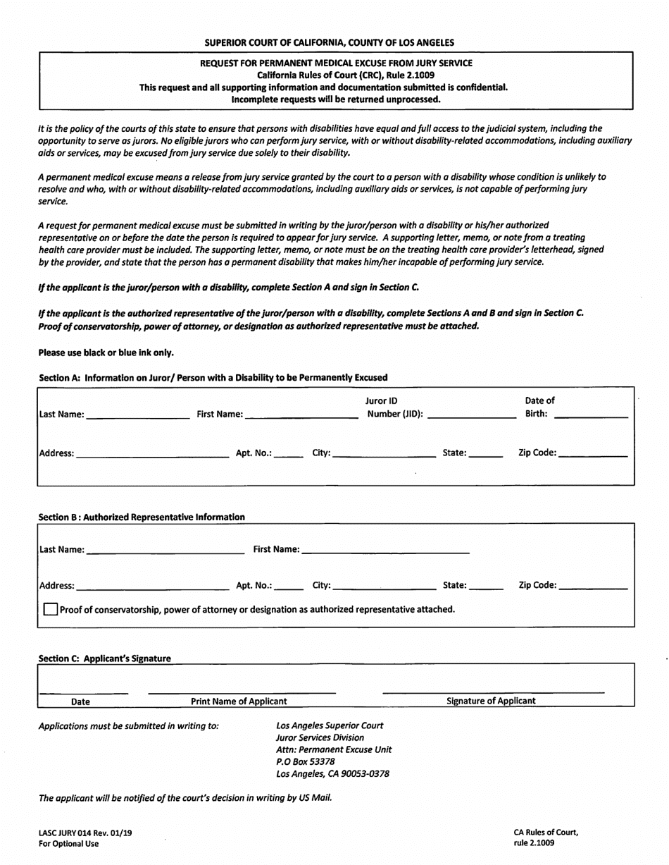 Form LASC JURY014 Request for Permanent Medical Excuse From Jury Service - County of Los Angeles, California, Page 1