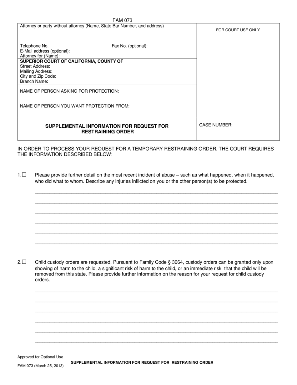 Form LASC FAM073 Supplemental Information for Request for Restraining Order - County of Los Angeles, California, Page 1