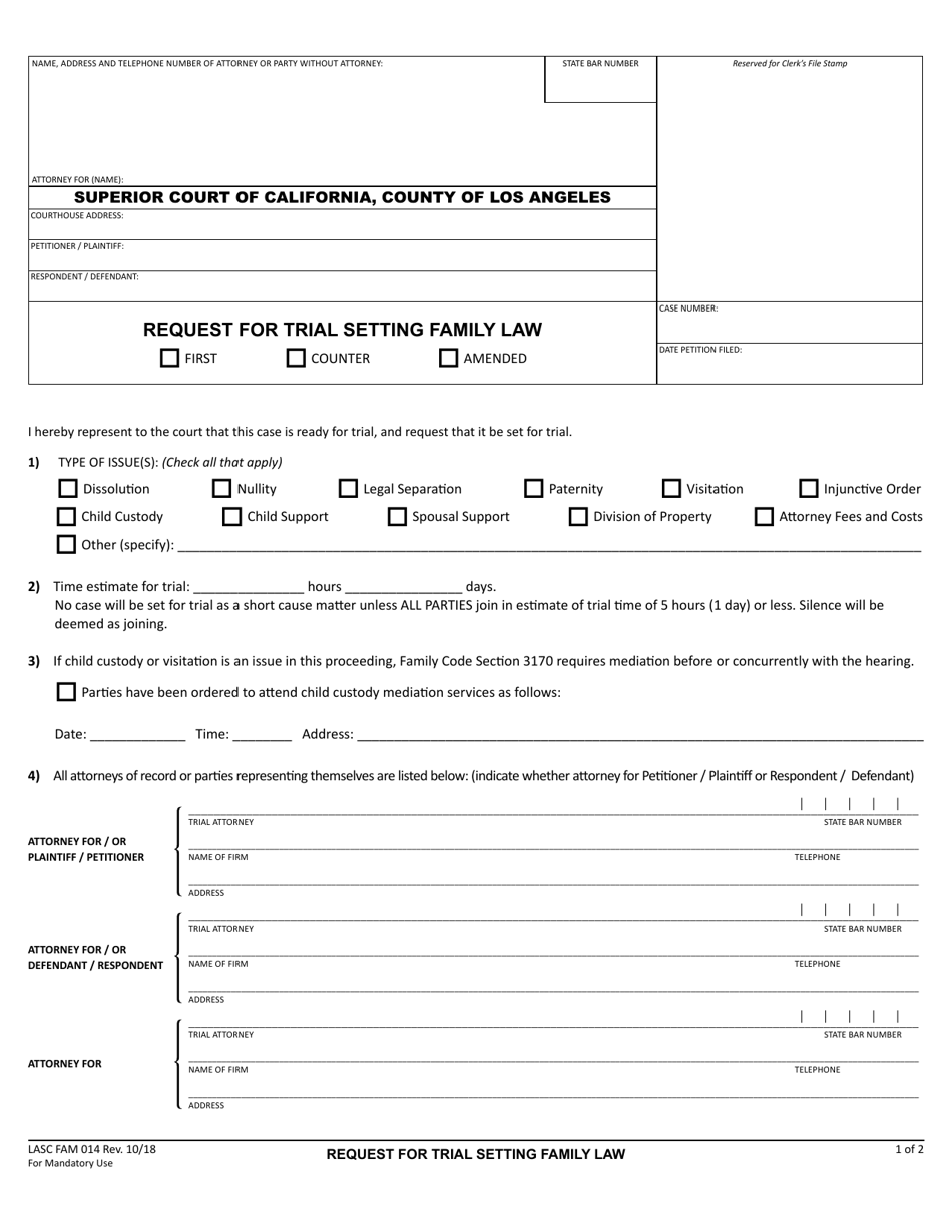 Form LASC FAM014 Request for Trial Setting Family Law - County of Los Angeles, California, Page 1