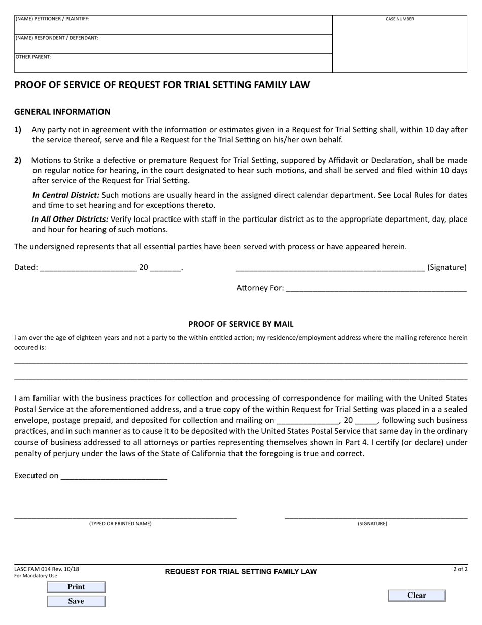 Form LASC FAM014 Request for Trial Setting Family Law - County of Los Angeles, California, Page 2