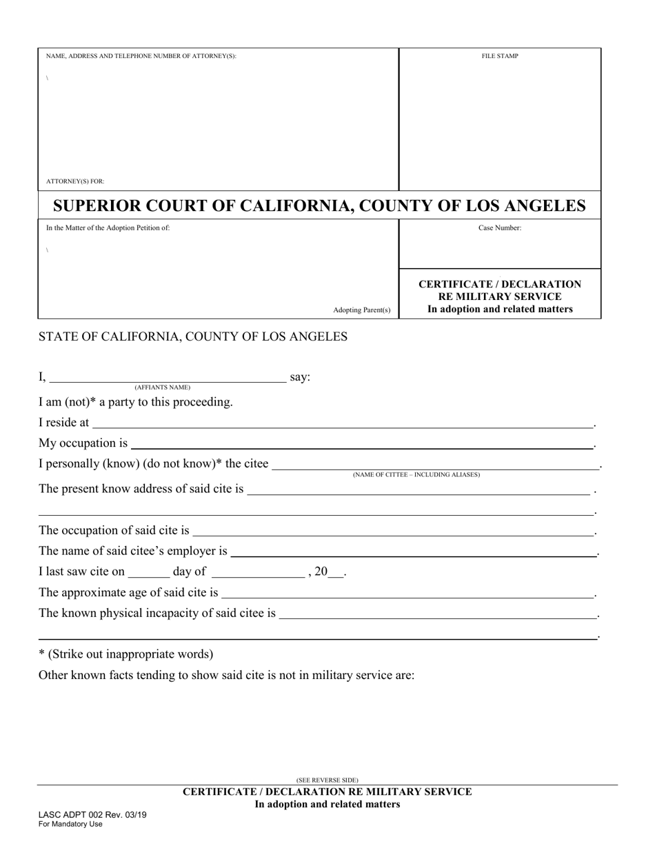 Form LASC ADPT002 Certificate / Declaration Re: Military Service - County of Los Angeles, California, Page 1