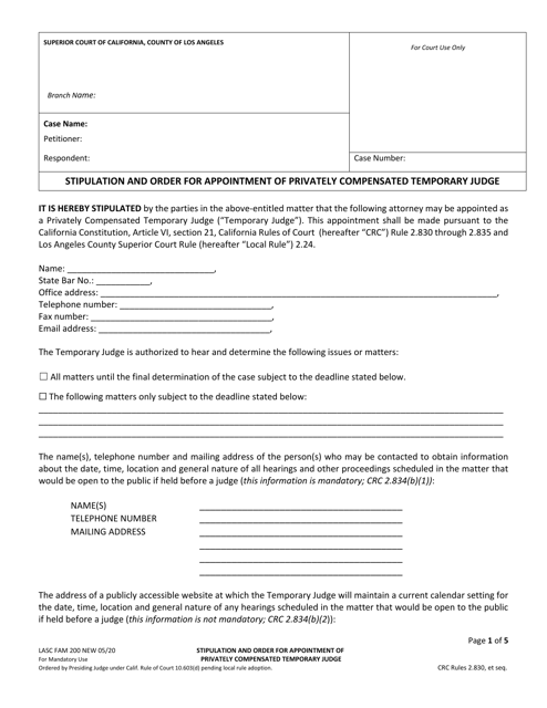 Form LASC FAM200 Stipulation and Order for Appointment of Privately Compensated Temporary Judge - County of Los Angeles, California