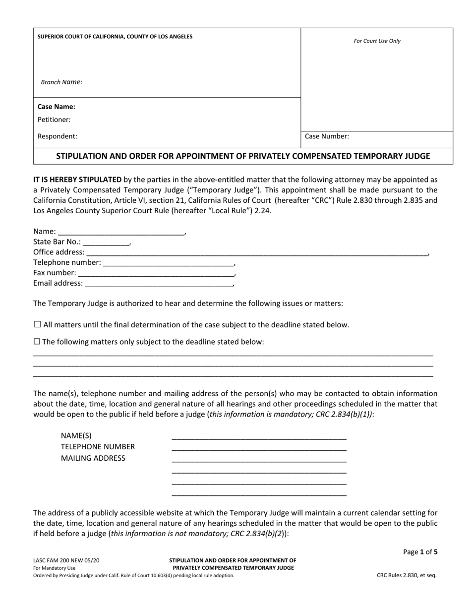 Form LASC FAM200 Stipulation and Order for Appointment of Privately Compensated Temporary Judge - County of Los Angeles, California, Page 1