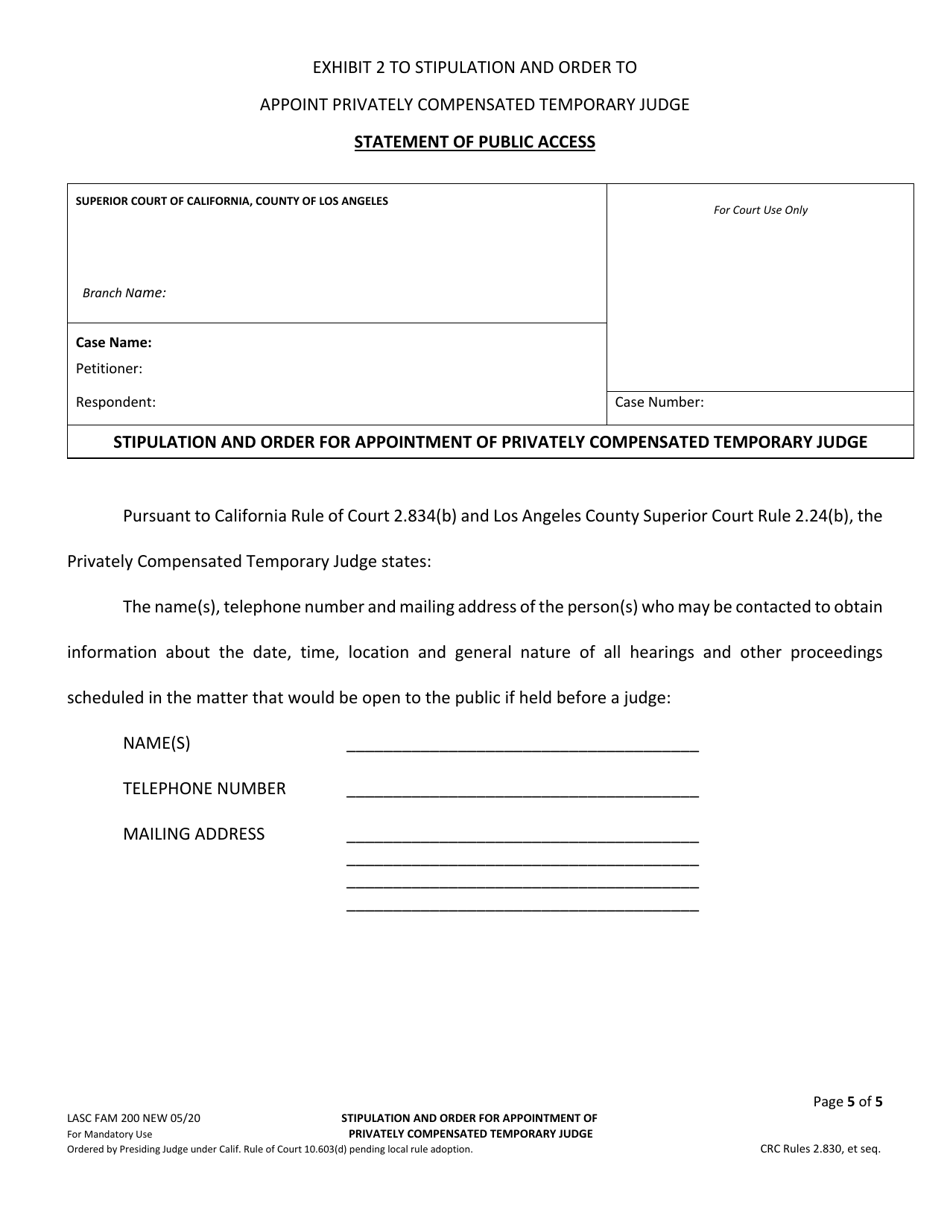 Form LASC FAM200 Stipulation and Order for Appointment of Privately Compensated Temporary Judge - County of Los Angeles, California, Page 5