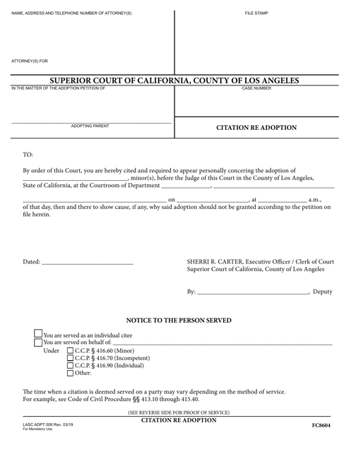 Form LASC ADPT006 Citation Re: Adoption - County of Los Angeles, California