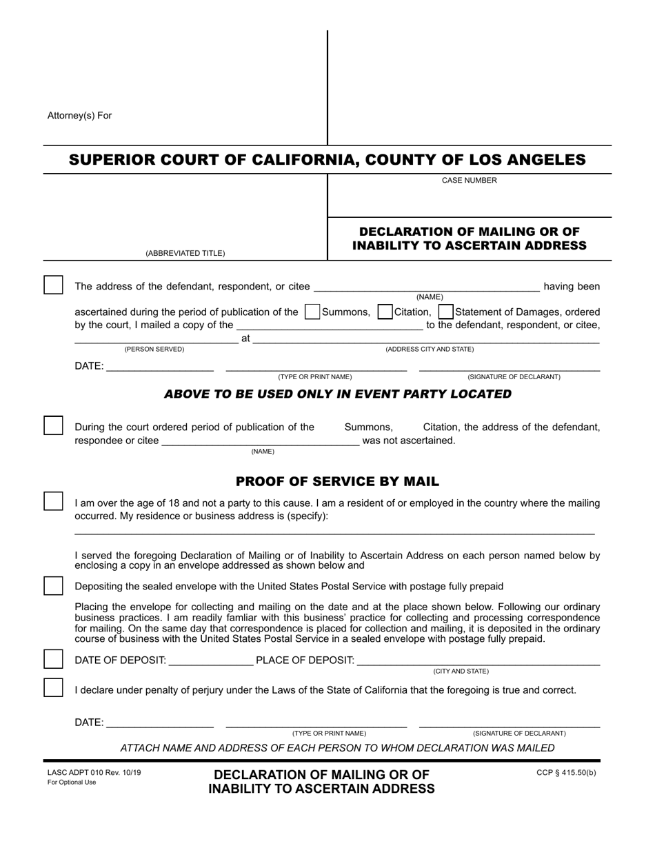 Form LASC ADPT010 Declaration of Mailing or of Inability to Ascertain Address - County of Los Angeles, California, Page 1