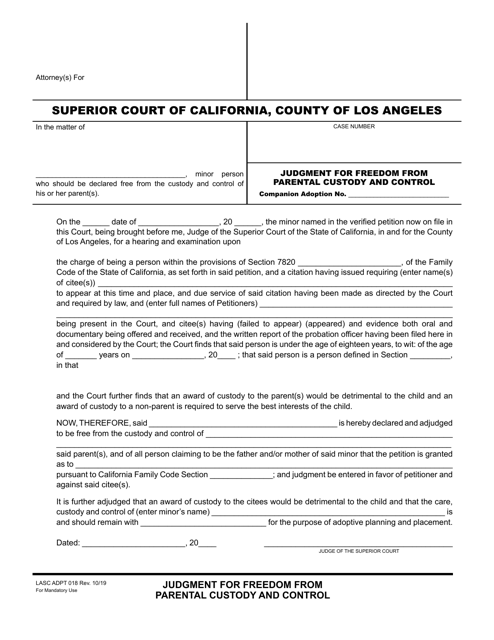 Form LASC ADPT018 Judgment for Freedom From Parental Custody and Control - County of Los Angeles, California