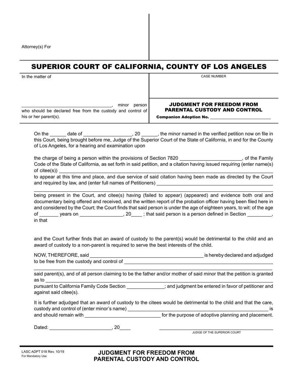Form LASC ADPT018 Judgment for Freedom From Parental Custody and Control - County of Los Angeles, California, Page 1
