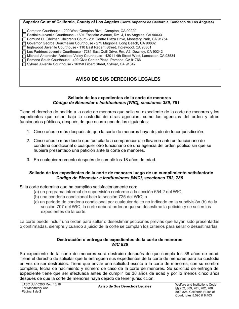 Formulario LASC JUV020S Aviso De Sus Derechos Legales - County of Los Angeles, California (Spanish), Page 1