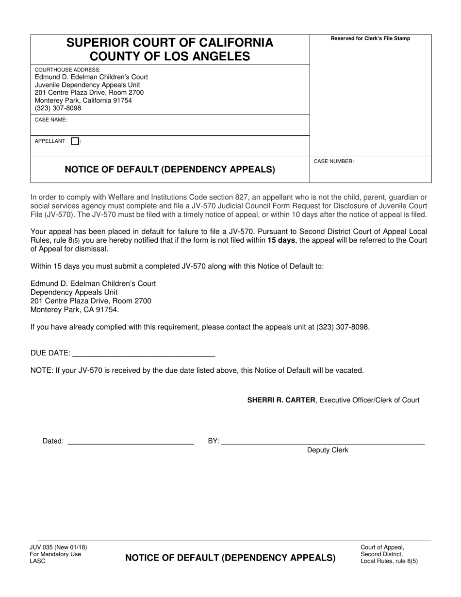 Form JUV035 Notice of Default (Dependency Appeals) - County of Los Angeles, California, Page 1