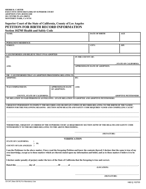 Form CK047 Petition for Birth Record Information - County of Los Angeles, California